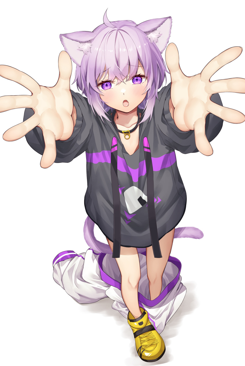 1girl absurdres ahoge animal_ears animal_print baggy_pants bangs black_collar black_hoodie blush cat_ears cat_girl cat_print cat_tail collar collarbone commentary_request crossed_bangs fang highres hololive hood hoodie long_sleeves looking_at_viewer nekomata_okayu onigiri_print open_mouth outstretched_arms oversized_clothes pants purple_hair shoes short_hair simple_background sneakers solo standing sweatpants tail violet_eyes virtual_youtuber white_background white_pants yellow_footwear younger yuya_(pixiv37335712)