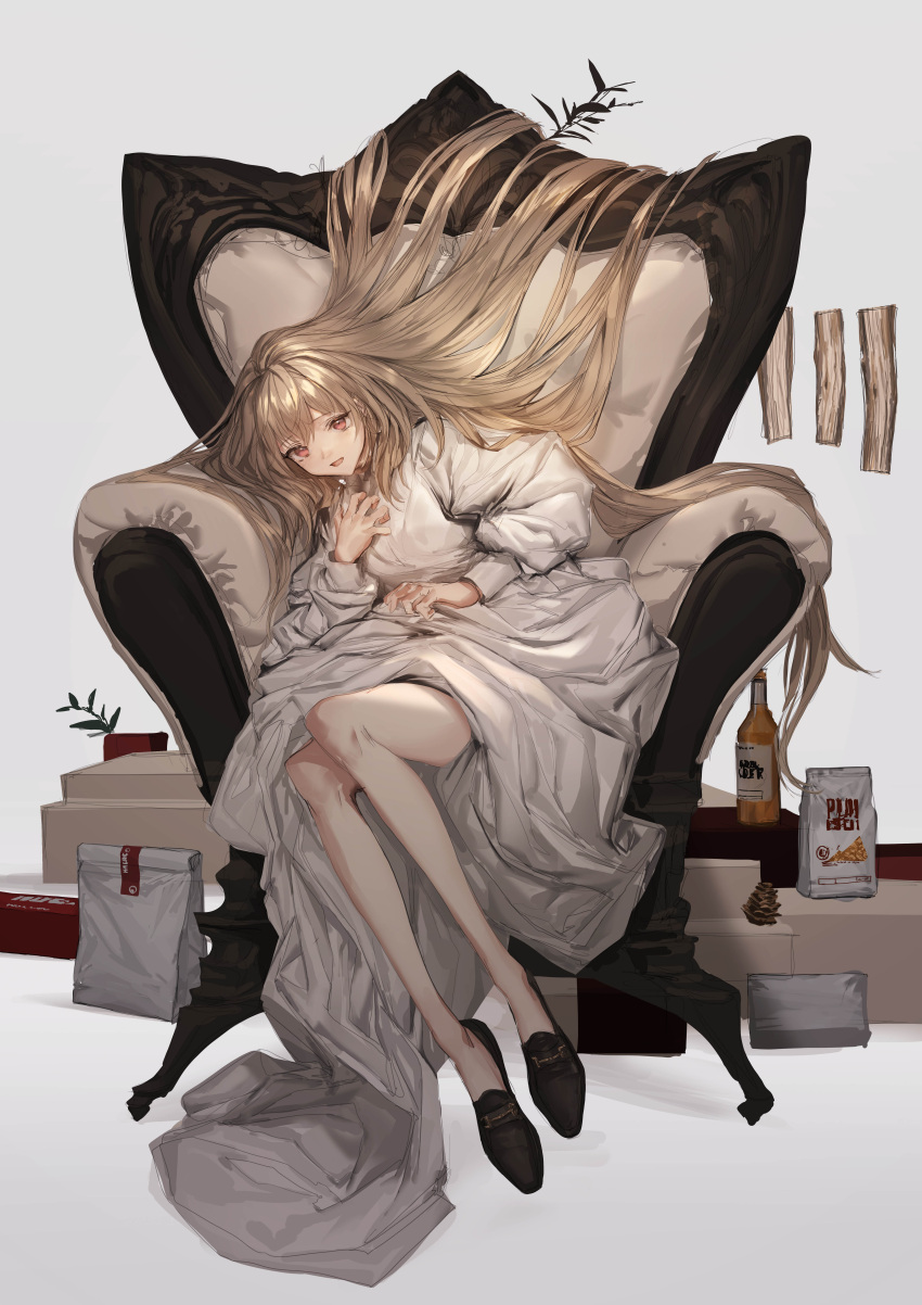 1girl absurdres alcohol bag bangs blanket blonde_hair blood bottle box brown_footwear chair dress food hand_on_own_chest highres holding holding_blanket lm7_(op-center) log long_hair looking_at_viewer meat no_legwear open_mouth original pinecone plant red_eyes simple_background sitting solo very_long_hair