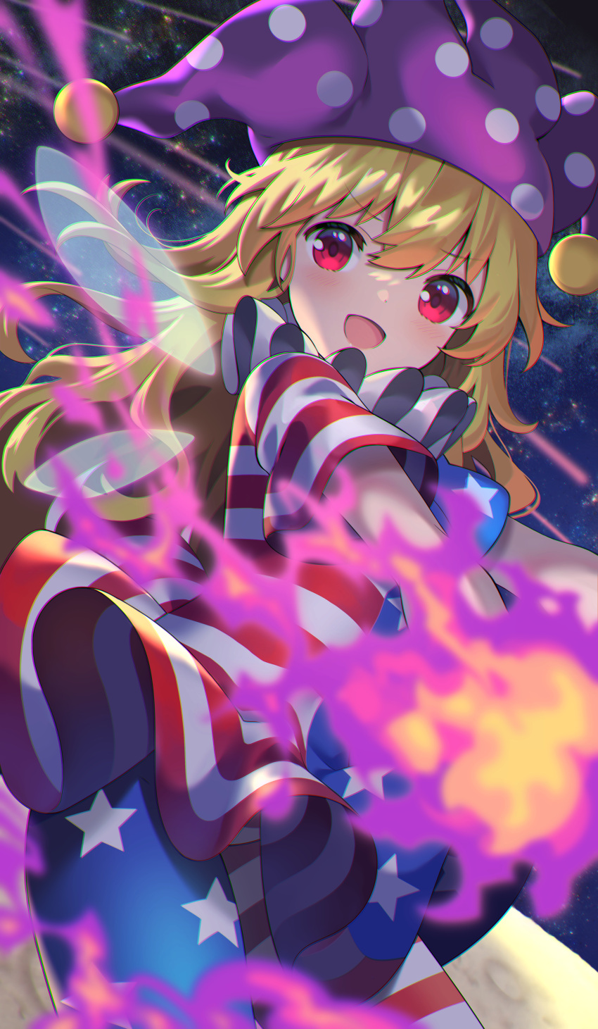 1girl absurdres american_flag_dress american_flag_legwear blonde_hair clownpiece commentary_request commission fairy_wings fire hat highres jester_cap long_hair looking_at_viewer neck_ruff night night_sky open_mouth pantyhose polka_dot purple_headwear red_eyes short_sleeves sky smile solo star_(sky) star_(symbol) star_print starry_sky striped touhou transparent_wings wings yuujin_(yuzinn333)