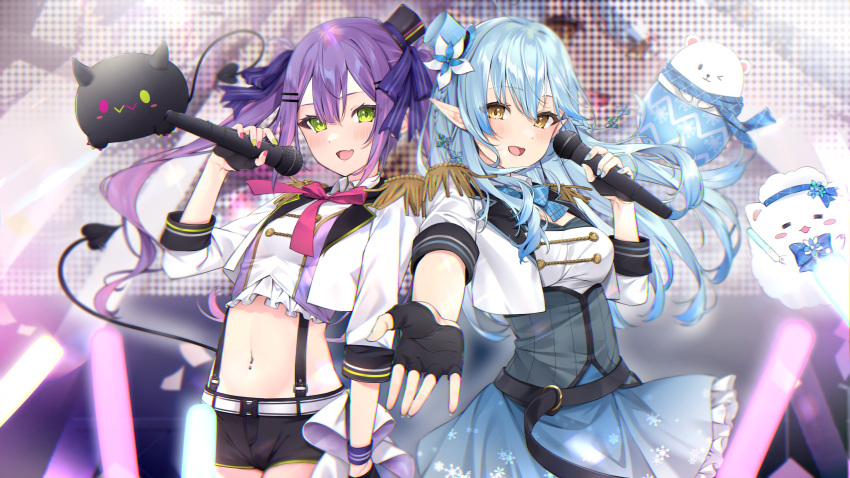 2girls :d bangs bibi_(tokoyami_towa) black_gloves black_headwear black_shorts blue_bow blue_bowtie blue_hair blue_headwear blue_nails blue_skirt blush bow bowtie breasts commentary_request corset cropped_jacket daifuku_(yukihana_lamy) demon_tail eyebrows_visible_through_hair fang fingerless_gloves flower frilled_skirt frills gloves green_eyes green_nails hair_between_eyes hair_flower hair_ornament hair_ribbon hairclip hat highres holding holding_microphone hololive izumi_kei jacket long_hair long_sleeves medium_breasts microphone mini_hat mini_top_hat multicolored_hair multicolored_nails multiple_girls nail_polish navel navel_piercing open_clothes open_jacket open_mouth outstretched_arm piercing pink_bow pink_bowtie pink_hair pink_nails pointy_ears print_skirt purple_hair purple_ribbon ribbon shirt short_shorts shorts skin_fang skirt smile snowflake_print streaked_hair suspender_shorts suspenders swimsuit tail tokoyami_towa top_hat twintails virtual_youtuber white_shirt yellow_eyes yukihana_lamy yukimin_(yukihana_lamy)