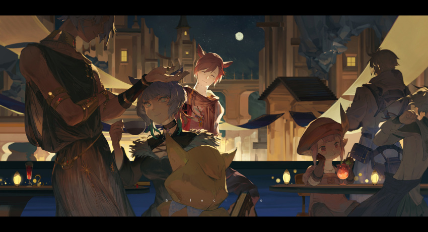 3boys 4girls :q ^_^ alisaie_leveilleur animal_ears animal_hood armband astrologian_(final_fantasy) bangs beret black_choker black_dress black_tunic blue_eyes brown_gloves building cat_ears cat_hood chair chinese_commentary choker clenched_hand closed_eyes collar commentary_request cup dress drinking_glass drinking_straw elbow_gloves elbow_rest elezen elf facial_mark facing_away feather_hair_ornament feathers final_fantasy final_fantasy_xiv fur-trimmed_dress fur_trim g'raha_tia gloves grey_hair grey_jacket hair_ornament hand_up hat hat_feather head_rest highres holding holding_cup hood hyur jacket jewelry krile_mayer_baldesion_(ff14) lalafell luckyia miqo'te moon multiple_boys multiple_girls neck_tattoo necklace night out_of_frame pink_hair pointy_ears red_eyes red_headwear redhead ring running sash short_hair sitting smile standing table tataru_taru tattoo thancred_waters tongue tongue_out tunic urianger_augurelt wristband x_hair_ornament y'shtola_rhul