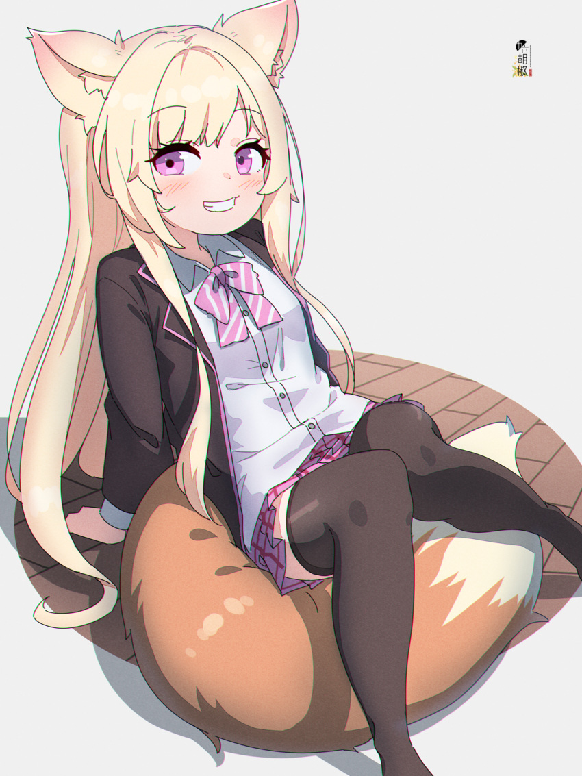 1girl animal_ear_fluff animal_ears arm_support bangs black_jacket black_legwear blazer blonde_hair bow collared_shirt commentary_request commission diagonal-striped_bow dress_shirt eyebrows_visible_through_hair feet_out_of_frame fox_ears fox_girl fox_tail grin highres jacket knees_together_feet_apart knees_up kuro_kosyou long_hair long_sleeves looking_at_viewer open_clothes open_jacket original pink_bow pink_eyes pink_skirt pixiv_request pleated_skirt school_uniform shirt sitting_on_tail skirt smile solo tail thigh-highs very_long_hair violet_eyes white_shirt wooden_floor