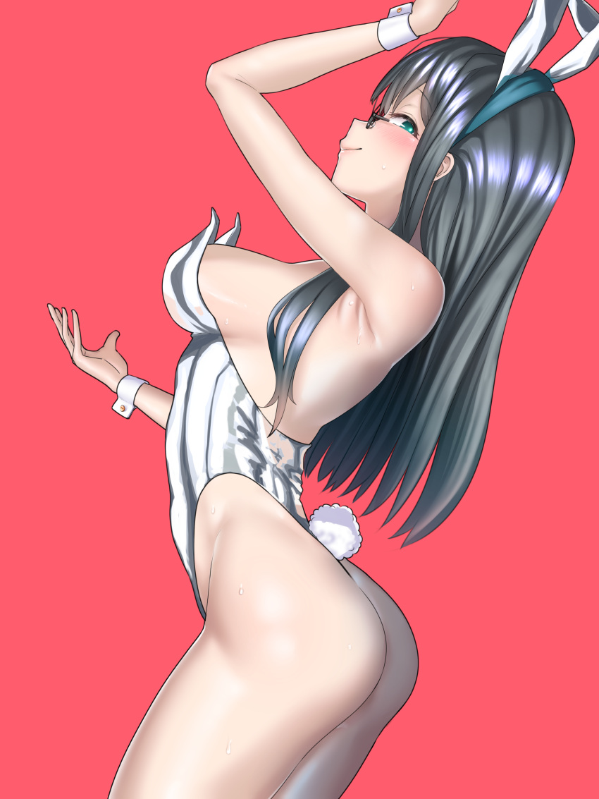 1girl absurdres animal_ears bare_legs black_hair breasts commentary_request cowboy_shot glasses green_eyes highres kantai_collection leotard long_hair looking_at_viewer ooyodo_(kancolle) playboy_bunny profile rabbit_ears rabbit_tail red_background reizou silver_leotard simple_background small_breasts solo standing tail thong_leotard wrist_cuffs