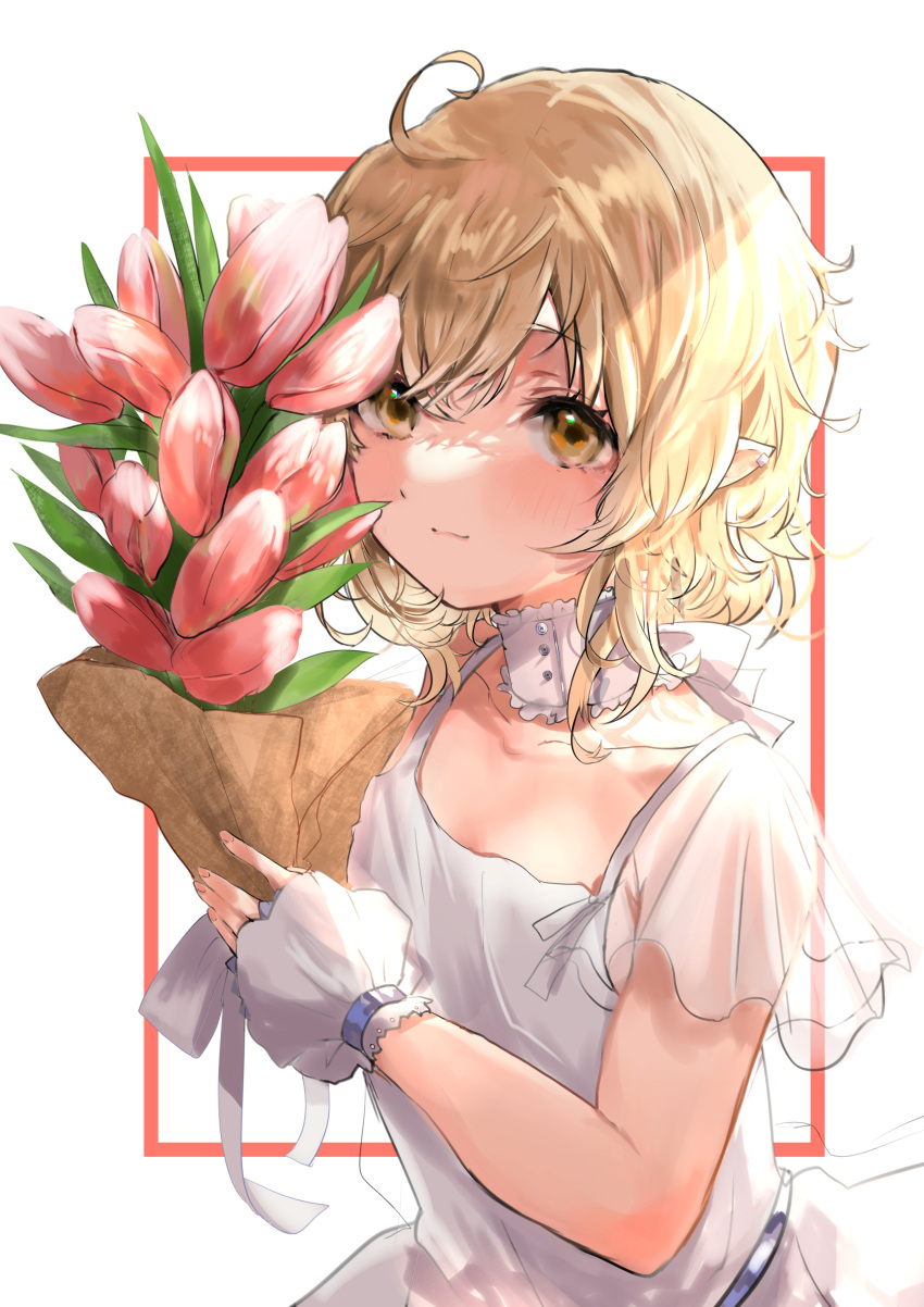 1girl absurdres ahoge blonde_hair bouquet commentary_request commission dress flat_chest highres looking_at_viewer maria_(syake-uni) original pointy_ears see-through_sleeves short_hair short_sleeves simple_background skeb_commission solo upper_body white_background white_dress wrist_cuffs yellow_eyes