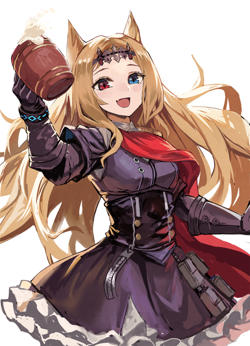 1girl :d alcohol animal_ears archetto_(arknights) arknights arm_up beer black_dress black_gloves blonde_hair blue_eyes blush breasts cape corset cowboy_shot cup dress elbow_gloves epaulettes fang frilled_dress frills gloves gomashiwo_o heterochromia highres holding holding_cup long_hair looking_at_viewer medium_breasts open_mouth red_cape red_eyes simple_background skin_fang smile solo tiara very_long_hair white_background
