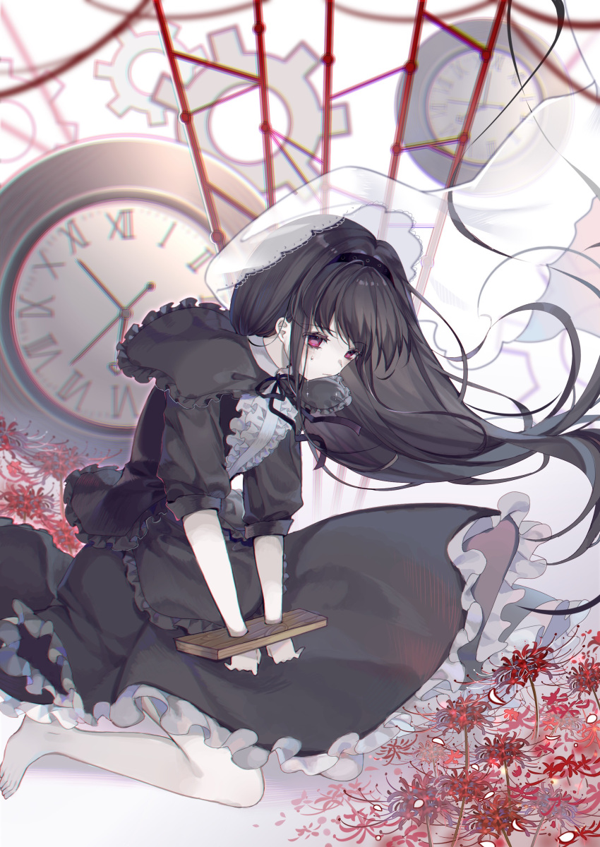 1girl abstract_background absurdres akemi_homura bangs black_dress black_hairband black_neckwear black_ribbon capelet clock collared_shirt crying crying_with_eyes_open dress expressionless flower frilled_dress frilled_shirt frills full_body funeral_dress hair_between_eyes hair_ornament hairband highres kneeling long_hair looking_down magical_girl mahou_shoujo_madoka_magica moseley neck_ribbon pale_skin red_eyes red_flower restrained ribbon sad shirt short_sleeves sidelocks silk solo spider_lily spider_web stocks tears veil very_long_hair white_background white_shirt