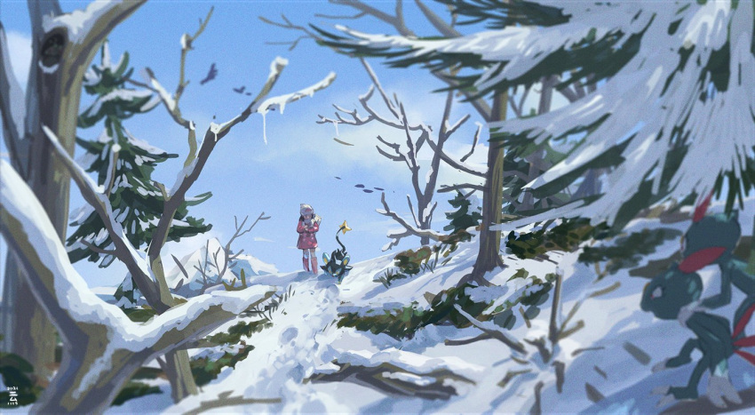 1girl bare_tree beanie boots coat day hat hikari_(pokemon) long_sleeves looking_down luxray outdoors pink_coat pink_footwear pokemon pokemon_(creature) pokemon_(game) pokemon_dppt pokemon_platinum ponimu scarf sky sneasel snow standing symbol-only_commentary tree white_bag white_headwear white_scarf