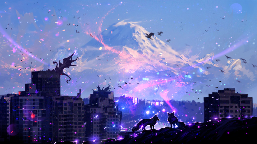 absurdres animal bird building city colorful commentary day dragon english_commentary forest fox glowing highres mount_rainier mountain nature no_humans original outdoors rykyart scenery seattle tagme tree wings
