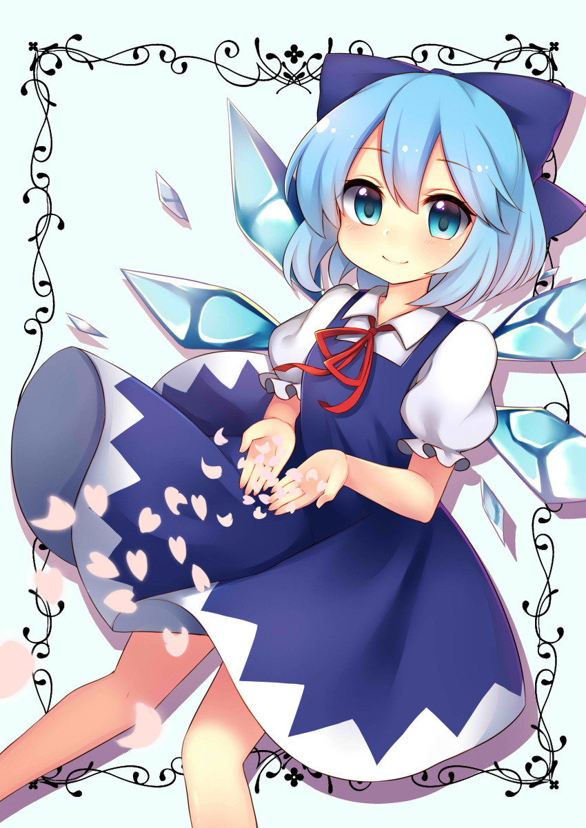 1girl absurdres bangs blue_bow blue_dress blue_eyes blue_hair blush bow breasts cirno closed_mouth collared_dress commentary_request dot_nose dress eyelashes feet_out_of_frame frilled_sleeves frills hair_bow highres knees long_sleeves looking_at_viewer own_hands_together petals pinafore_dress puffy_long_sleeves puffy_short_sleeves puffy_sleeves red_neckwear red_ribbon ribbon ruhika shiny shiny_hair shirt shoes short_hair short_sleeves small_breasts smile socks solo thighs touhou upper_body white_legwear white_shirt