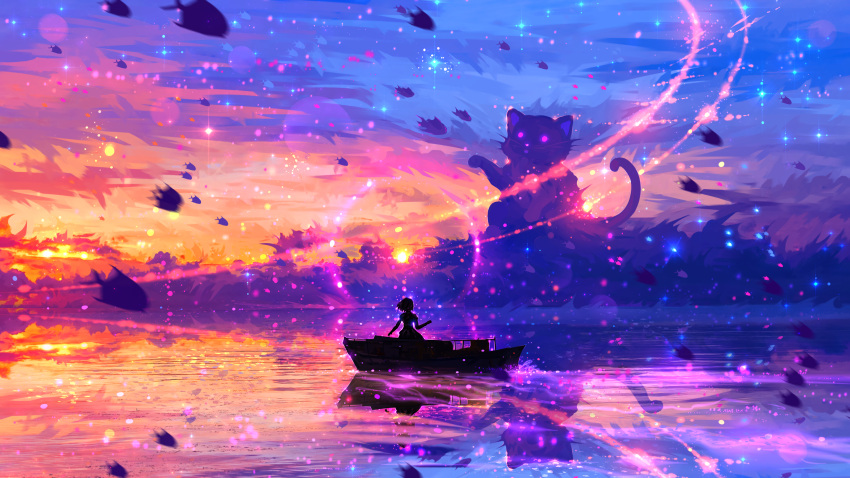 1girl absurdres animal blue_sky boat cat commentary fish flying glowing glowing_eyes highres light light_particles multicolored_background original oversized_animal pink_eyes red_sky reflection rykyart scenery short_hair sky standing sunset tagme water watercraft