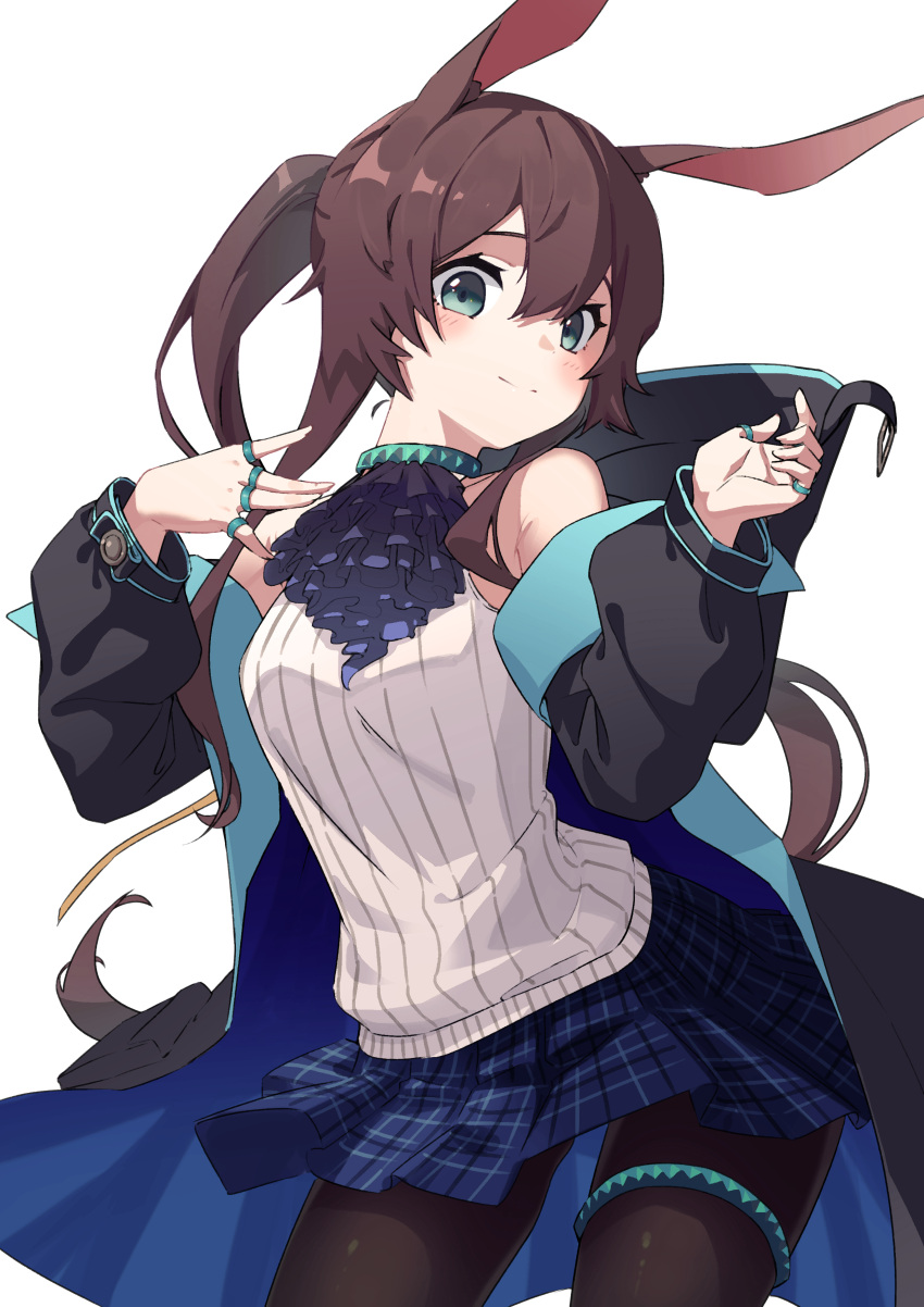 1girl absurdres amiya_(arknights) animal_ears arknights ascot bare_shoulders black_coat black_legwear blue_skirt blush brown_hair closed_mouth coat contrapposto cowboy_shot eyebrows_behind_hair green_eyes highres jewelry long_hair long_sleeves looking_at_viewer miniskirt multiple_rings off_shoulder open_clothes open_coat plaid plaid_skirt pleated_skirt ponytail purple_ascot rabbit_ears ring shirt sidelocks simple_background skirt smile solo thighlet toga_(toganawa) very_long_hair white_background white_shirt