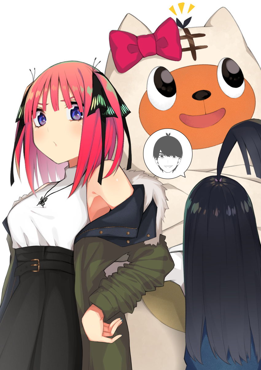absurdres armpits bangs bare_shoulders black_hair black_ribbon black_skirt blue_eyes blunt_bangs blush bow butterfly_hair_ornament butterfly_ornament coat costume crossed_arms from_behind go-toubun_no_hanayome green_coat hair_ornament hand_on_hip high-waist_skirt highres itame_moyashi jewelry long_hair looking_at_viewer nail_polish nakano_nino necklace parted_lips pink_hair ponytail red_bow ribbon simple_background skirt stuffed_animal stuffed_toy twintails uesugi_fuutarou uesugi_raiha v-shaped_eyebrows white_background