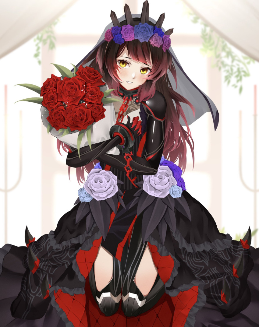 1girl bangs black_dress blue_flower blue_rose blush bouquet brown_hair chain collar commentary_request cuffs dress flower gradient_hair head_wreath highres holding holding_bouquet hololive kneeling long_hair looking_at_viewer mechanical_arms mechanical_legs metal_collar multicolored_hair parted_lips purple_flower purple_rose red_flower red_rose redhead roboco-san rose smile solo veil virtual_youtuber yellow_eyes yuya_(pixiv37335712)