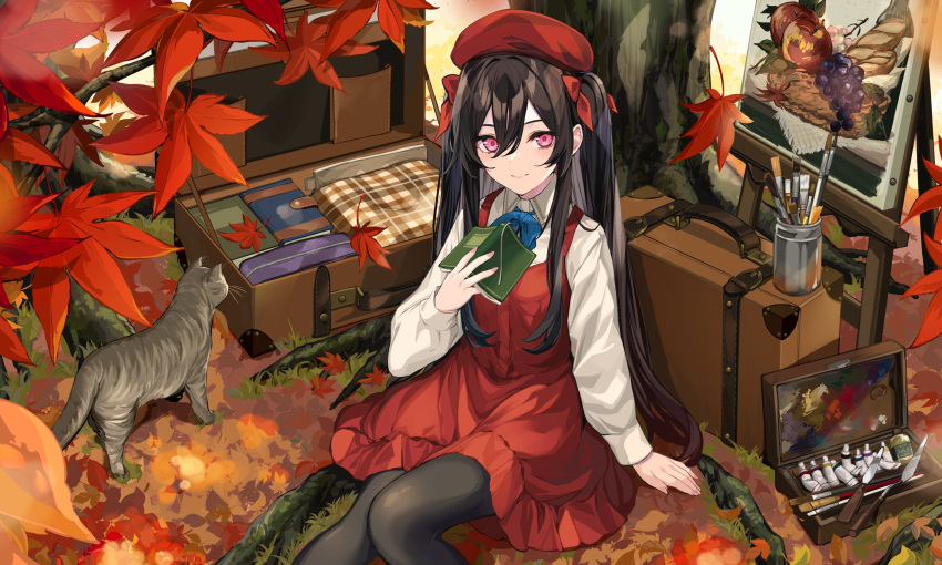 1girl animal autumn_leaves beret black_hair book bow bowtie cat collared_shirt dress hair_bow hat highres holding leaf long_hair long_sleeves looking_at_viewer luggage maple_leaf original painting_(object) pink_eyes red_dress red_headwear shirt sidelocks sleeveless sleeveless_dress smile solo takehana_note twintails two_side_up very_long_hair white_shirt