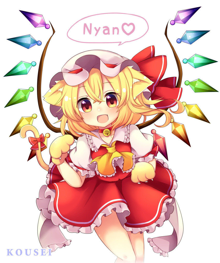 1girl :d absurdres animal_ear_fluff animal_ears animal_hands ascot bell blonde_hair cat_ears cat_tail choker claws commentary_request crystal dress english_text fang flandre_scarlet frilled_shirt_collar frilled_skirt frills gloves hair_between_eyes highres jingle_bell kemonomimi_mode looking_at_viewer multicolored_wings one_side_up open_mouth paw_gloves puffy_short_sleeves puffy_sleeves red_choker red_dress red_eyes red_ribbon red_skirt red_vest ribbon ruhika short_sleeves side_ponytail simple_background skirt smile solo speech_bubble tail tail_ornament tail_ribbon tongue touhou vest white_background wings