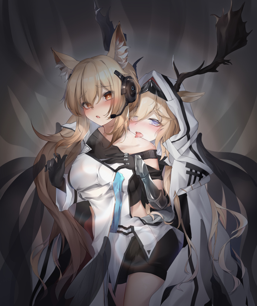 2girls absurdres animal_ear_fluff animal_ears antlers_through_headwear arknights arm_guards bangs black_gloves black_shorts blonde_hair blue_eyes blush breasts chinese_commentary coat collarbone commentary_request cowboy_shot crop_top deer_antlers deer_ears deer_girl ears_through_headwear eyebrows_visible_through_hair gloves hair_between_eyes hand_on_own_chest headset highres hood hood_up hooded_coat horse_ears horse_girl large_breasts long_hair long_sleeves medium_breasts multiple_girls nearl_(arknights) nearl_the_radiant_knight_(arknights) open_mouth orange_eyes qinshi-ji shorts single_bare_shoulder tongue tongue_out very_long_hair vivienne_(arknights) white_coat yuri