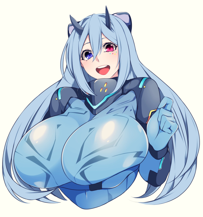 1girl arm_under_breasts blue_armor blue_bodysuit blue_eyes blue_hair bodysuit borrowed_character breasts camui_kamui ciel_levia_(twitter_username) curvy heterochromia highres huge_breasts long_hair original red_eyes smile star_(symbol) upper_body white_hair