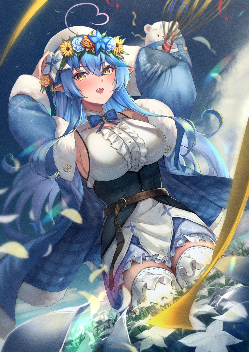 1girl absurdres ahoge anemone_noa bangs blue_bow blue_bowtie blue_coat blue_hair bow bowtie breasts coat commentary_request corset daifuku_(yukihana_lamy) eyebrows_visible_through_hair hair_between_eyes head_wreath heart_ahoge highres hololive large_breasts long_hair open_clothes open_coat open_mouth pointy_ears shirt sideboob thigh-highs virtual_youtuber white_shirt yellow_eyes yukihana_lamy