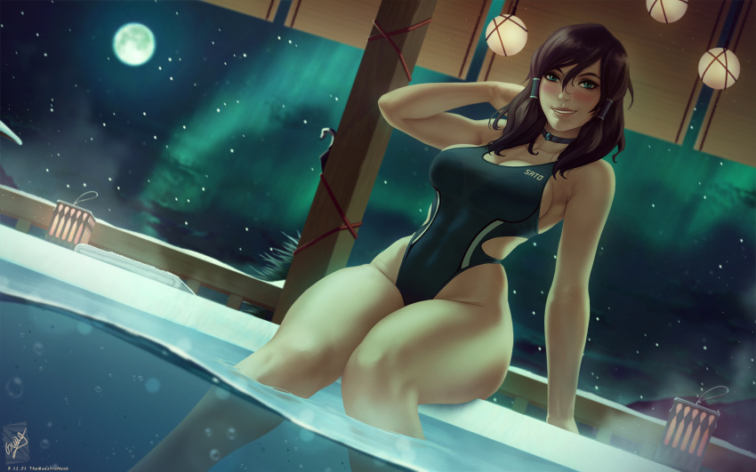 1girl arm_support avatar_(series) blue_eyes blush breasts brown_hair choker commentary dark-skinned_female dark_skin english_commentary hair_between_eyes highres korra large_breasts looking_at_viewer medium_hair moon night night_sky one-piece_swimsuit parted_lips pool sitting sky solo swimsuit teeth the_legend_of_korra themaestronoob thick_thighs thighs towel water