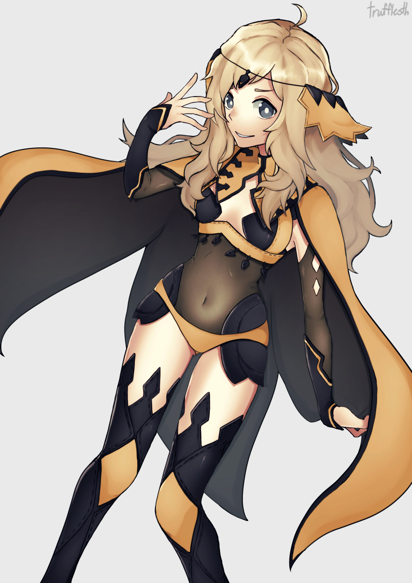 1girl absurdres ahoge arm_up bangs blonde_hair bodystocking breasts bridal_gauntlets cape covered_navel fire_emblem fire_emblem_fates grey_eyes highres long_hair looking_at_viewer medium_breasts ophelia_(fire_emblem) panties smile solo thigh-highs thighs trufflesth turtleneck underwear yellow_panties