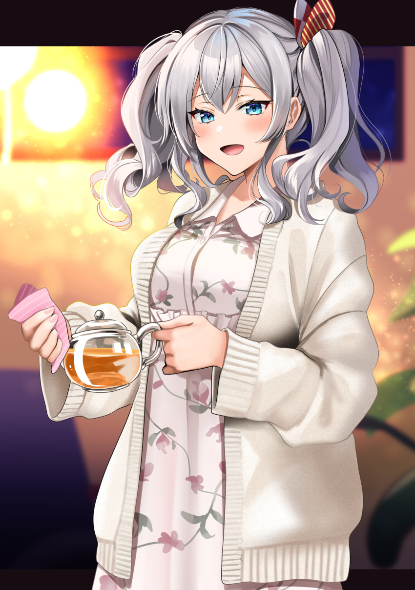 1girl alternate_costume blue_eyes blush breasts eyebrows_visible_through_hair floral_print hair_between_eyes highres holding kantai_collection kashima_(kancolle) large_breasts long_hair long_sleeves open_clothes open_mouth silver_hair smile solo tea twintails upper_body yunamaro