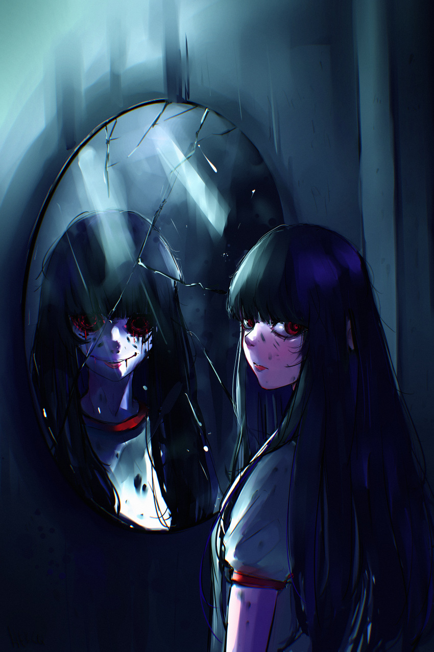 1girl absurdres bangs black_hair black_sclera broken_mirror closed_mouth colored_sclera different_reflection gradient gradient_background grey_background hercq_(hercqlit) highres horror_(theme) indoors long_hair looking_at_viewer looking_back mirror original puffy_short_sleeves puffy_sleeves red_eyes reflection short_sleeves upper_body