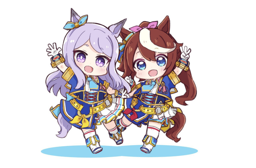 2girls :d animal_ears arm_up bangs blue_eyes blue_jacket blue_neckwear blue_ribbon blush boots brown_hair chibi collared_shirt colored_shadow commentary_request cropped_jacket ear_ribbon eyebrows_visible_through_hair gloves hair_between_eyes hair_ribbon highres hitomiz horse_ears horse_girl horse_tail jacket knee_boots long_hair mejiro_mcqueen_(umamusume) multicolored_hair multiple_girls open_clothes open_jacket pink_ribbon pleated_skirt ponytail puffy_short_sleeves puffy_sleeves purple_hair ribbon shadow shirt short_sleeves skirt smile streaked_hair tail thigh-highs thighhighs_under_boots tokai_teio_(umamusume) umamusume very_long_hair violet_eyes white_background white_footwear white_gloves white_hair white_legwear white_shirt white_skirt