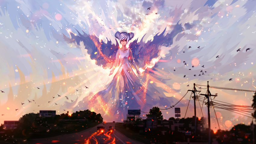 1girl absurdres angel animal bare_arms bare_shoulders bird blue_hair car clouds collarbone day double_bun dress english_commentary glowing ground_vehicle highres house long_dress looking_at_viewer motor_vehicle original outdoors power_lines rykyart scenery shiny shiny_hair solo standing tree white_dress wings