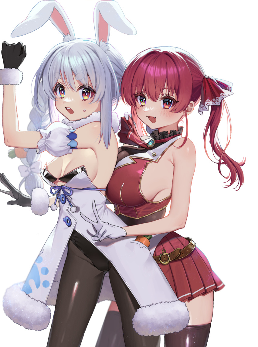 2girls :d absurdres animal_ear_fluff animal_ears ascot bangs bare_arms black_gloves black_legwear black_leotard bow braid breasts carrot_hair_ornament commentary_request detached_sleeves dress eyebrows_visible_through_hair fang food-themed_hair_ornament fur_scarf gloves hair_between_eyes hair_bow hair_ornament hair_ribbon heterochromia highres hololive houshou_marine large_breasts leotard leotard_under_clothes long_hair multiple_girls open_mouth pantyhose pleated_skirt rabbit_ears red_ascot red_eyes red_ribbon red_skirt redhead ribbon seoki_(hi3031) short_eyebrows short_sleeves sideboob simple_background skirt small_breasts smile strapless strapless_dress thick_eyebrows thigh-highs twintails usada_pekora v virtual_youtuber white_background white_bow white_dress white_gloves yellow_eyes
