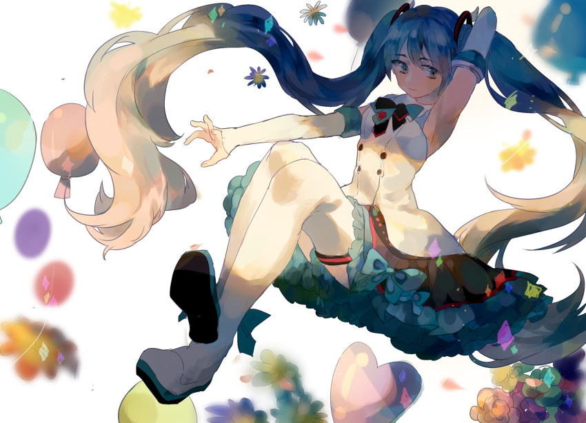 1girl aqua_eyes aqua_hair arm_up confetti detached_sleeves dress flower frilled_dress frills hatsune_miku highres lobelia_(saclia) magical_mirai_(vocaloid) midair ribbon shading sleeveless solo twintails vocaloid white_background