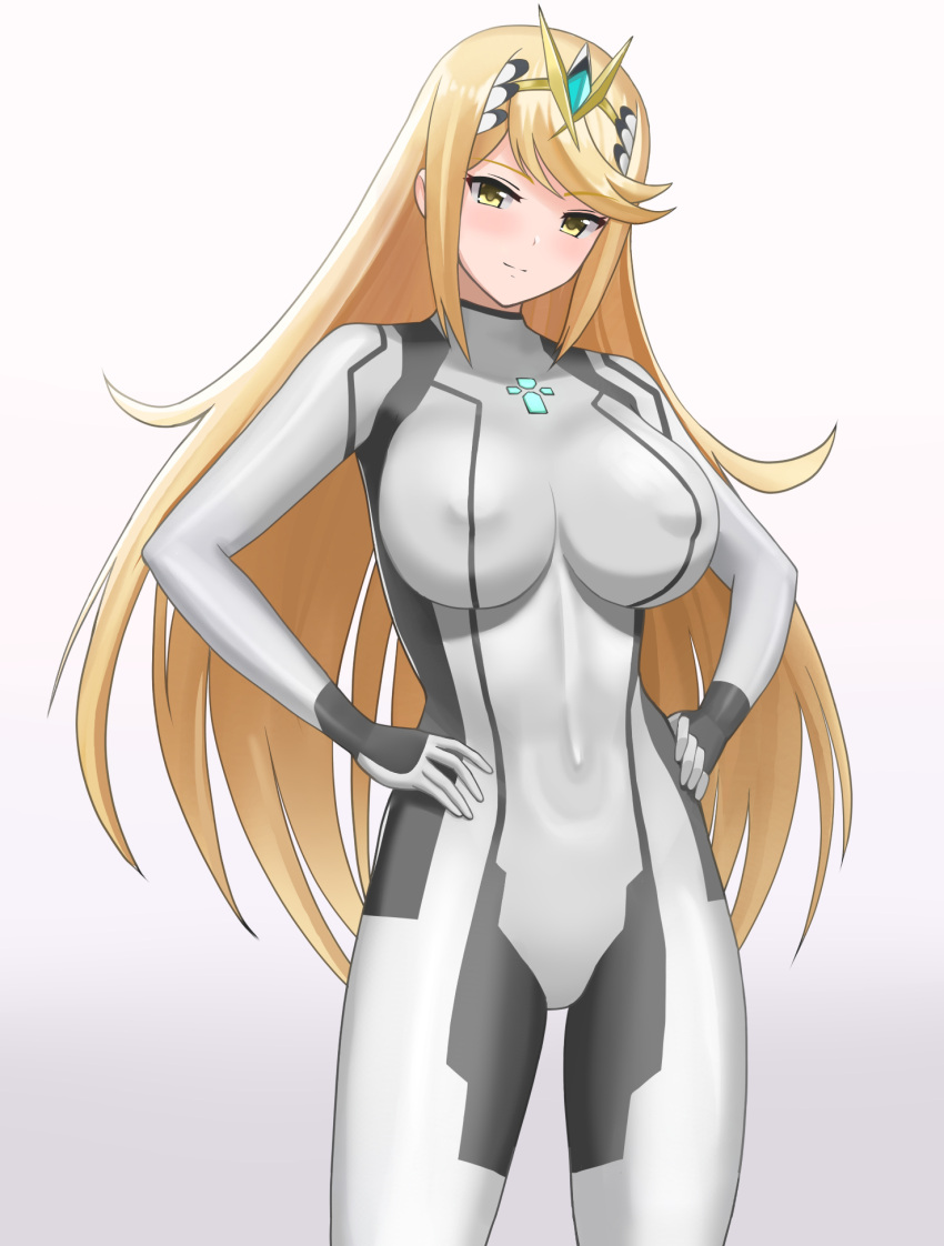 1girl blonde_hair bodysuit breasts closed_mouth cosplay covered_navel covered_nipples female fire hair_ornament highres higofushi large_breasts looking_at_viewer metroid mythra_(xenoblade) navel nintendo plugsuit pose samus_aran samus_aran_(cosplay) simple_background skin_tight skindentation smile solo standing white_background xenoblade_chronicles_(series) xenoblade_chronicles_2 yellow_eyes zero_suit