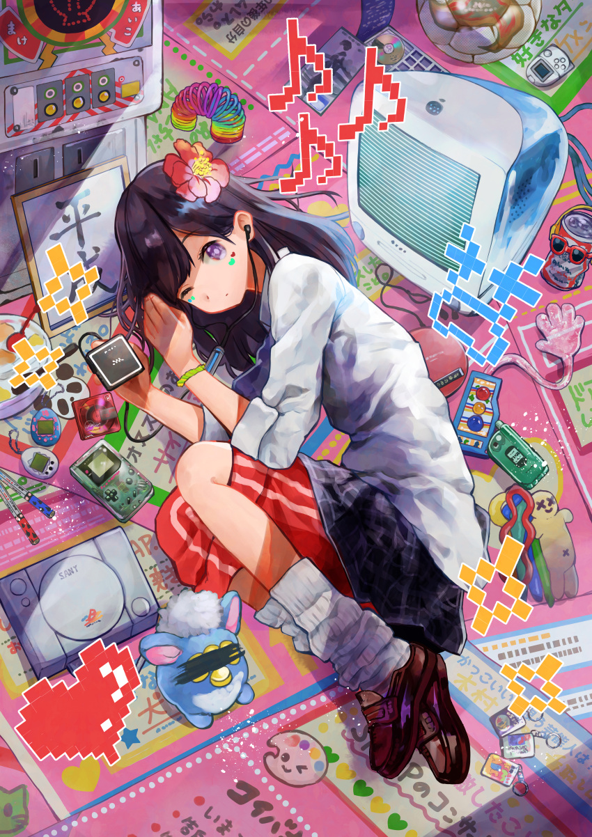 1girl absurdres ball bangs black_hair black_skirt blue_eyes brown_footwear cable charm_(object) cup doll facial_mark flower furby game_boy game_console grey_legwear grey_shirt hair_flower hair_ornament handheld_game_console heart heart_tattoo highres holding long_hair looking_at_viewer lying nintendo on_side one_eye_closed original phone plaid plaid_skirt playstation rainys_bill red_flower red_shorts shirt shoes shorts skirt smile socks solo tamagotchi tattoo television translation_request