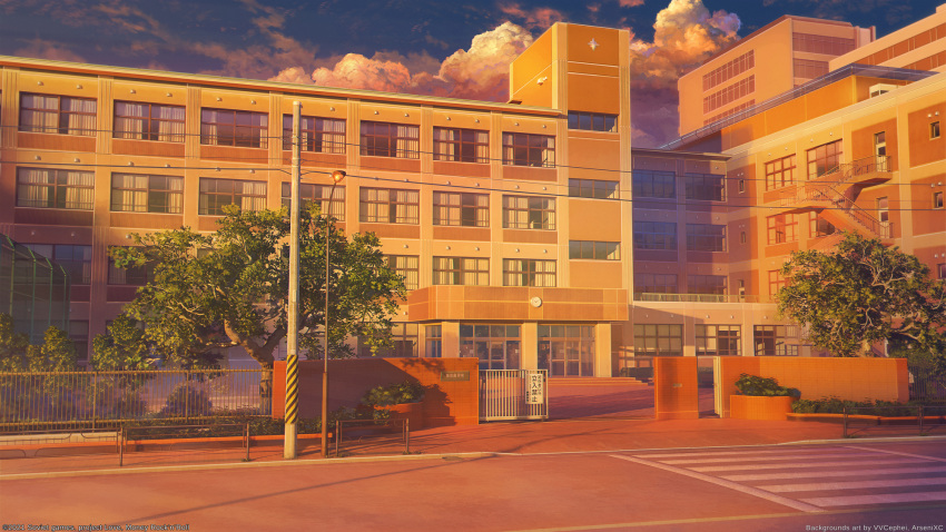 3d arsenixc building bush clock clouds crosswalk curtains door evening fence gate highres lamppost mixed-language_commentary no_humans original power_lines railing road scenery school sunset tree utility_pole watermark window