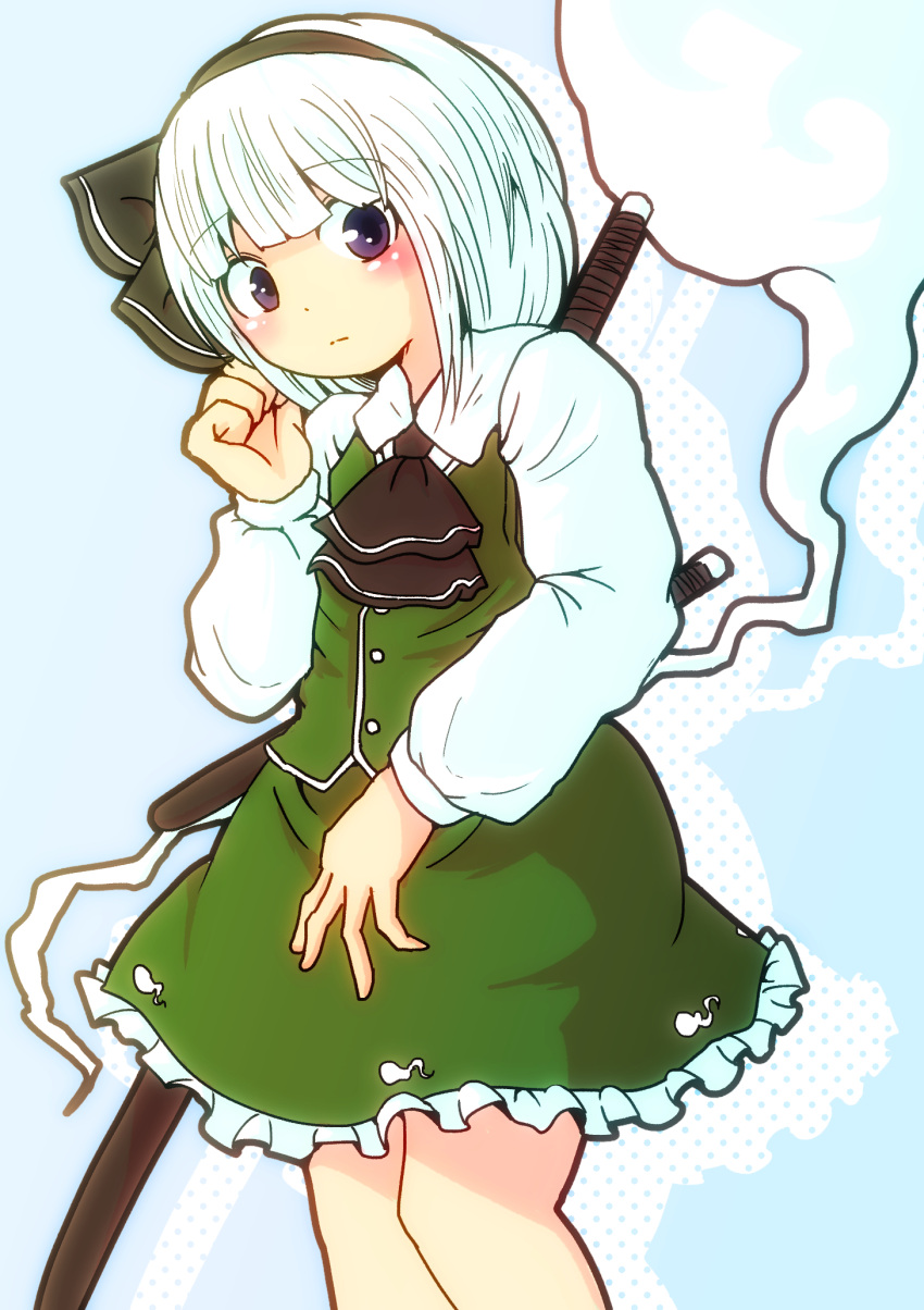 1girl ascot bangs black_ascot black_hairband blue_background blush buttons closed_mouth collar collared_shirt danpey dress eyebrows_visible_through_hair ghost ghost_print green_dress hairband hand_on_own_face hand_up highres katana konpaku_youmu konpaku_youmu_(ghost) long_sleeves looking_down looking_to_the_side one-hour_drawing_challenge polka_dot polka_dot_background puffy_long_sleeves puffy_sleeves shadow shirt short_hair simple_background solo standing sword touhou violet_eyes weapon white_hair white_shirt