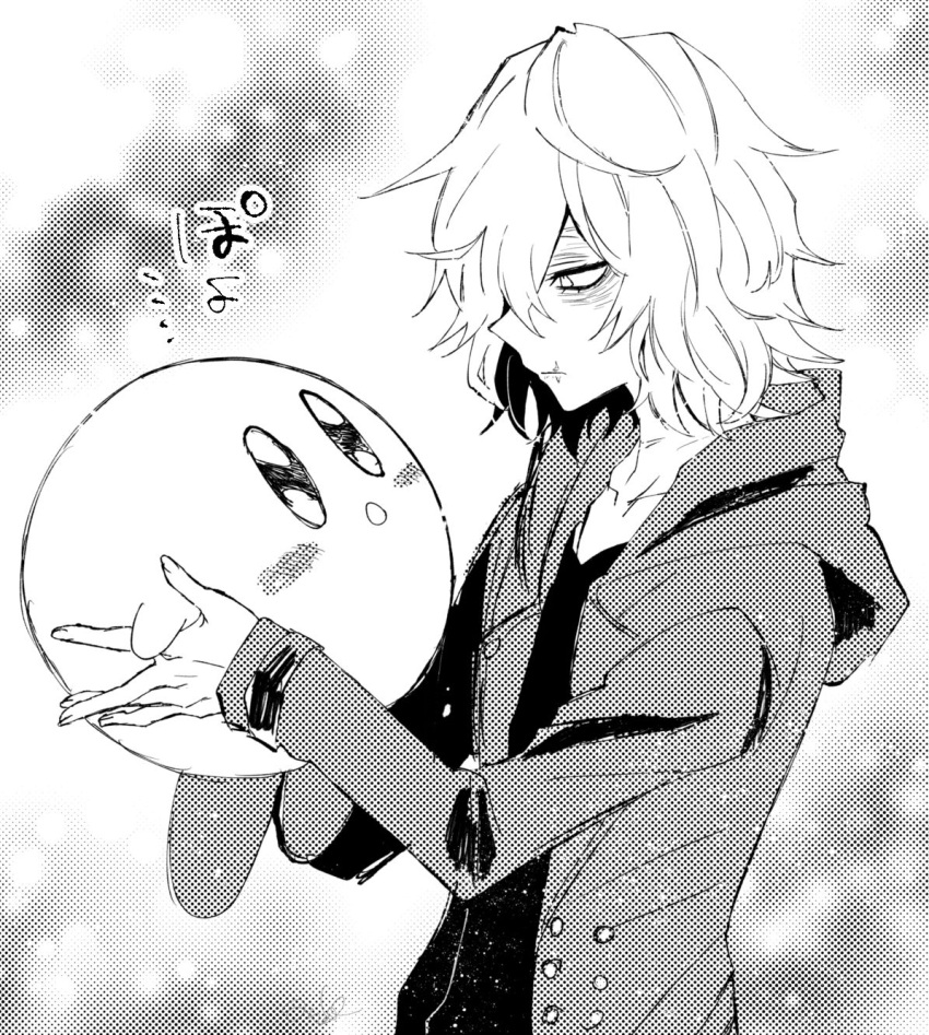 1boy :o anoko_(darenokoanoko) blush boku_no_hero_academia buttons collarbone commentary_request from_side greyscale highres holding_person hood hood_down hooded_jacket jacket kirby kirby's_dream_land kirby_(series) long_sleeves looking_at_another male_focus medium_hair messy_hair monochrome profile scar scar_on_face scar_on_mouth shigaraki_tomura shirt shoes translation_request upper_body wrinkled_skin