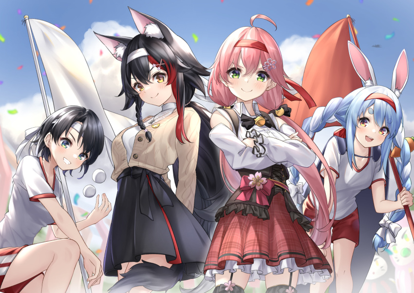 4girls :d animal_ears arms_behind_back ball bangs bell black_bow black_bowtie black_hair black_legwear black_skirt blue_hair blue_sky bow bowtie braid brown_cardigan cardigan closed_mouth clouds collared_shirt commentary_request crossed_arms day dress eyebrows_visible_through_hair flag flower frilled_dress frills garter_straps green_eyes grin hair_between_eyes hair_flower hair_ornament headband highres holding holding_flag hololive jingle_bell long_hair multicolored_hair multiple_girls neck_bell ookami_mio oozora_subaru open_mouth outdoors pink_hair plaid plaid_skirt ponytail red_eyes red_headband red_shorts red_skirt redhead sakura_miko shirt short_eyebrows short_hair shorts skirt sky smile standing streaked_hair tail tail_around_leg thick_eyebrows thigh-highs tsurupy twin_braids twintails two-tone_hair usada_pekora v-shaped_eyebrows very_long_hair virtual_youtuber white_hair white_headband white_shirt wolf_ears wolf_girl wolf_tail x_hair_ornament yellow_eyes