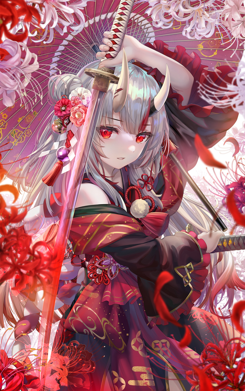 1girl arm_up bangs commentary_request cowboy_shot dual_wielding eyebrows_visible_through_hair flower flower_knot frilled_sleeves frills hair_bun hair_flower hair_ornament highres holding holding_sword holding_weapon hololive horns japanese_clothes katana kimono long_hair long_sleeves looking_at_viewer multicolored_hair nakiri_ayame oil-paper_umbrella oni_horns parted_lips red_eyes red_flower red_kimono redhead silver_hair solo spider_lily streaked_hair sword tassel torino_akua umbrella virtual_youtuber weapon white_flower wide_sleeves