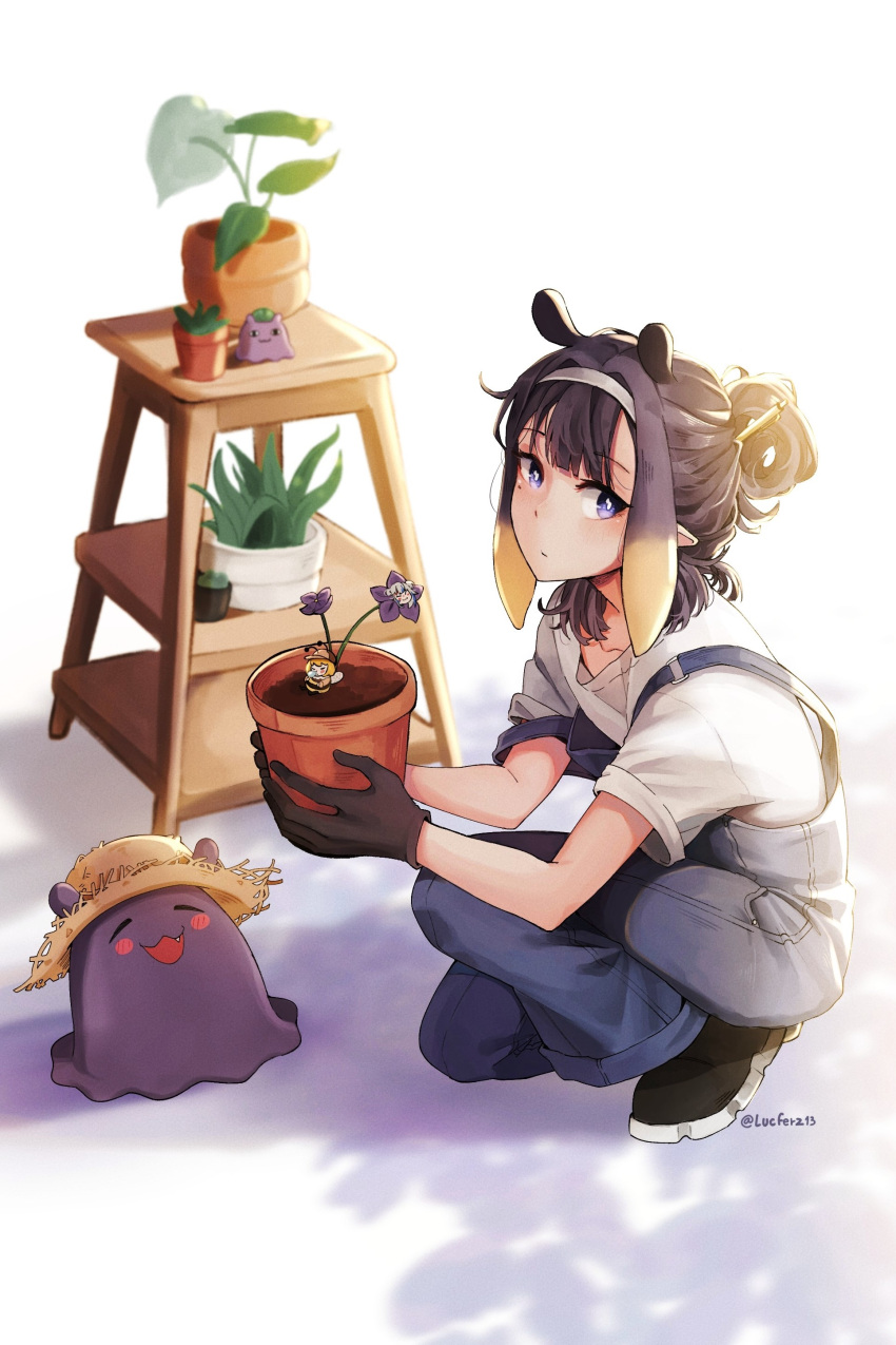3girls absurdres bee_wings blonde_hair blue_hair blush closed_mouth deerstalker eyebrows_visible_through_hair gawr_gura hat highres holding holding_pot hololive hololive_english lucferz multicolored_hair multiple_girls ninomae_ina'nis plant pointy_ears pot potted_plant purple_hair shadow silver_hair streaked_hair tako_(ninomae_ina'nis) tentacle_hair twitter_username violet_eyes virtual_youtuber watson_amelia wings