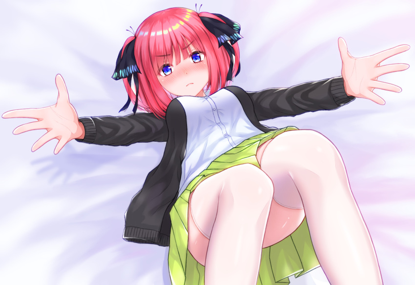 1girl :&lt; ass bangs bed bed_sheet black_cardigan black_ribbon blue_eyes blunt_bangs blush breasts butterfly_hair_ornament cardigan frown go-toubun_no_hanayome green_skirt hair_ornament highres knees_up large_breasts looking_at_viewer lying mitsumoti_8 nakano_nino on_back open_cardigan open_clothes outstretched_arms pink_hair ribbon shirt skirt thick_thighs thigh-highs thighs twintails v-shaped_eyebrows white_legwear white_shirt
