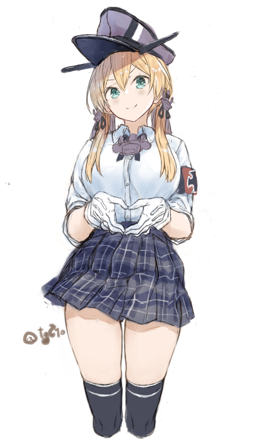 &gt;:) 1girl absurdres aqua_eyes black_legwear black_skirt blonde_hair closed_mouth collared_shirt cropped_legs eyebrows_visible_through_hair feet_out_of_frame gloves grey_headwear hair_between_eyes hat highres kantai_collection long_hair low_twintails peaked_cap plaid plaid_skirt pleated_skirt prinz_eugen_(kancolle) ryo_(tg290) shirt skirt smile solo thigh-highs twintails twitter_username v-shaped_eyebrows white_gloves white_shirt