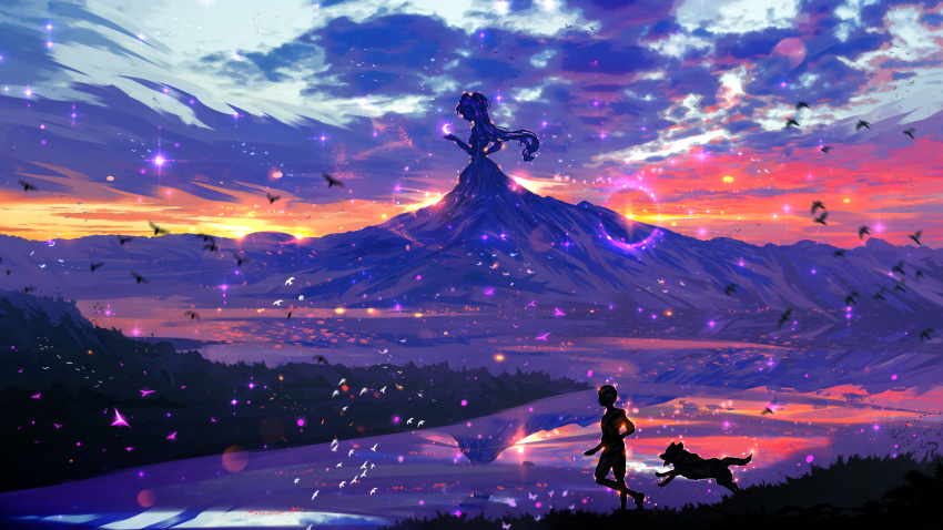 1girl 1other absurdres ambiguous_gender animal bird clouds cloudy_sky dog grass highres hood hood_down hoodie long_hair mountain mountainous_horizon original outdoors personification red_sky rykyart scenery short_hair shorts sky sunrise twintails