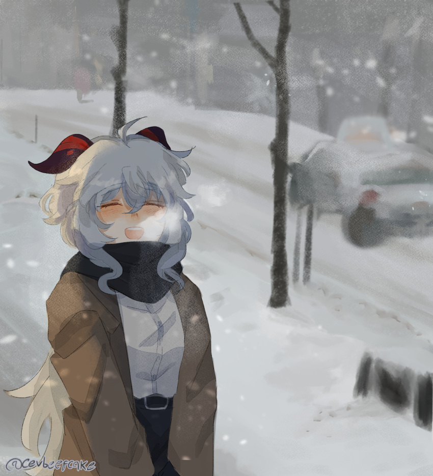 1girl alternate_costume blue_hair blurry blurry_background blush brei closed_eyes coat eyebrows_visible_through_hair ganyu_(genshin_impact) genshin_impact highres horns open_mouth scarf signature smile snow white_background winter winter_clothes