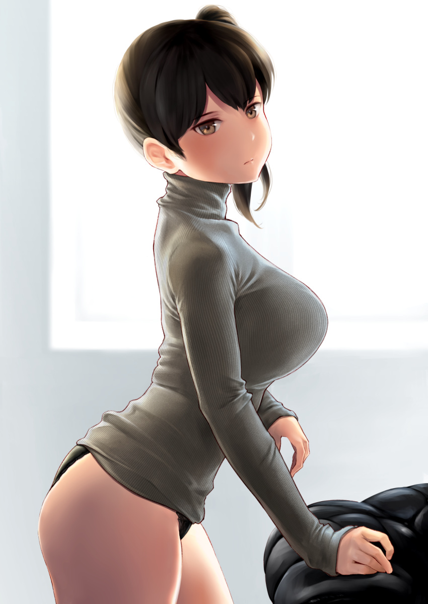 1girl alternate_costume ass bangs blush breasts brown_eyes brown_hair closed_mouth couch cowboy_shot grey_sweater highres indoors kaga_(kancolle) kantai_collection large_breasts long_sleeves looking_at_viewer no_pants panties shiny side_ponytail solo sunlight sweater thighs turtleneck underwear wa_(genryusui) window