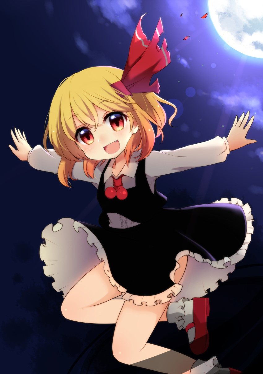 1girl :d absurdres bangs beads black_skirt black_vest blonde_hair blush bobby_socks breasts bright_pupils buttons center_frills collared_shirt commentary_request crossed_bangs eyebrows_visible_through_hair eyelashes fang floating frilled_skirt frills full_body hair_ribbon happy highres knees looking_at_viewer moon moonlight necktie night night_sky outstretched_arms petticoat red_eyes red_necktie red_ribbon ribbon ruhika rumia shirt short_hair simple_background skirt sky small_breasts smile socks solo thighs touhou vest white_legwear white_shirt wing_collar