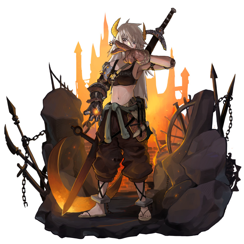 1girl absurdres bare_shoulders black_nails breasts brown_gloves brown_pants castle earrings english_commentary eungi gauntlets gloves grey_hair hand_up highres horns jewelry long_hair medium_breasts nail_polish navel original pants pointy_ears polearm rock sandals solo spear standing stomach sword toenail_polish toenails weapon weapon_on_back wheel white_background