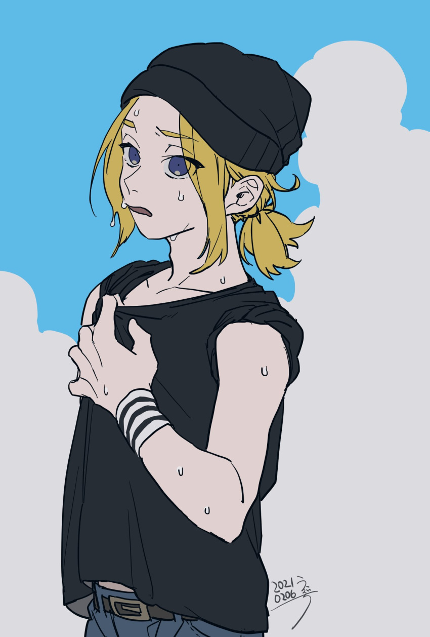 1boy a'he_(the_legend_of_luoxiaohei) beanie belt black_headwear black_shirt blonde_hair blue_eyes blue_pants dated drruraguchi eyes_visible_through_hair hand_up hat highres pants parted_lips shirt sleeveless sleeveless_shirt solo sweat the_legend_of_luo_xiaohei upper_body