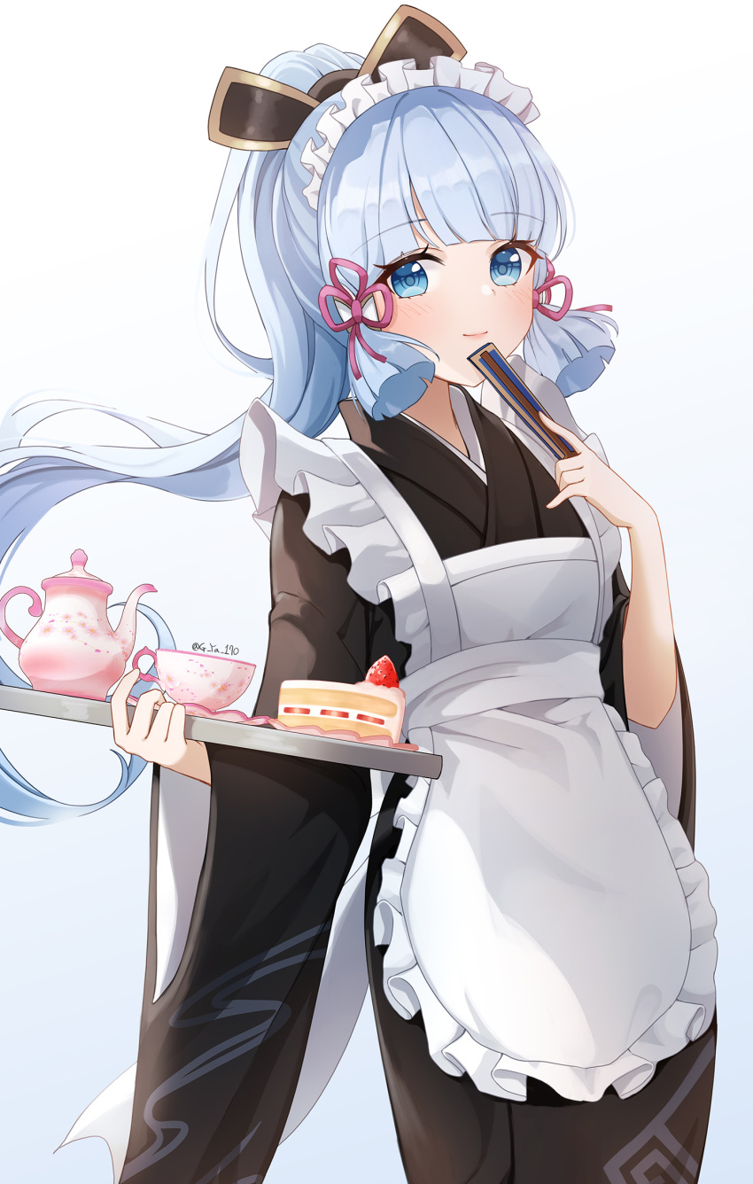 1girl alternate_costume apron bangs blue_eyes blunt_bangs blush breasts commentary_request cup enmaided eyebrows_visible_through_hair food genshin_impact gya_(144) hair_ornament hair_ribbon hand_up highres holding holding_tray kamisato_ayaka long_hair looking_at_viewer maid maid_apron pink_ribbon ponytail ribbon sidelocks smile solo strawberry_shortcake tray wide_sleeves