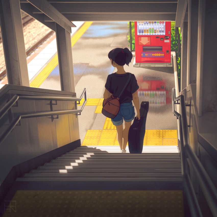 1girl absurdres artist_logo black_shirt blue_shorts brown_hair bysau day from_above highres holding instrument_case jun_(bysau) medium_hair original outdoors ponytail shirt shoes short_sleeves shorts sneakers solo stairs standing t-shirt train_station vending_machine walking