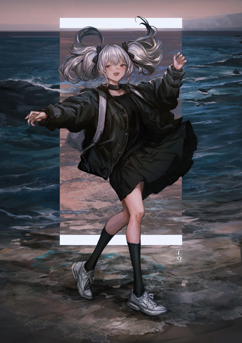 1girl :d absurdres backpack bag bangs beach black_choker black_jacket black_legwear black_ribbon black_shirt black_skirt blouse blush choker collarbone day floating_hair full_body grin hair_ribbon hand_up highres horizon jacket kneehighs lm7_(op-center) long_hair long_sleeves looking_away looking_to_the_side miniskirt ocean open_clothes open_jacket open_mouth original outdoors outstretched_arms outstretched_hand pleated_skirt puffy_long_sleeves puffy_sleeves red_eyes ribbon sand shadow shirt shoes shore sidelocks silver_hair skirt smile sneakers solo sunlight teeth twintails walking water watermark waves white_bag white_footwear wind wind_lift