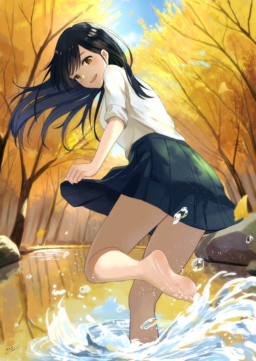 1girl :d absurdres artist_name autumn back bangs barefoot black_hair blue_skirt blush breasts brown_eyes dated day dress_shirt feet forest from_behind ginkgo_leaf highres leaf long_hair looking_at_viewer looking_back m.a.y. nature open_mouth original outdoors parted_bangs pleated_skirt pond rock school_uniform shirt signature skirt skirt_hold sleeves_folded_up smile soles solo splashing standing standing_on_one_leg toes tree wading water water_drop white_shirt